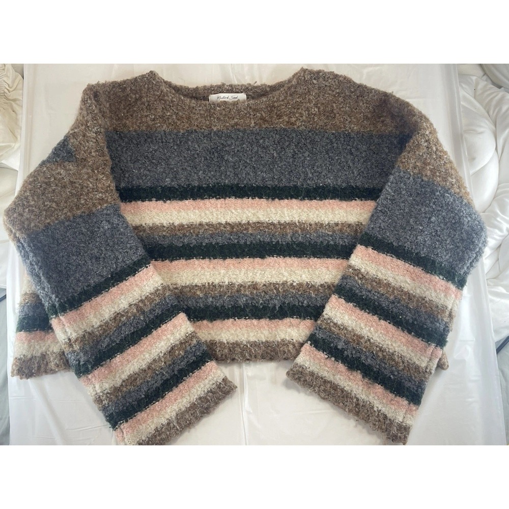 Women's Pullover Sweater Mustard Seed Striped Size Medium Warm Cozy Fall Winter